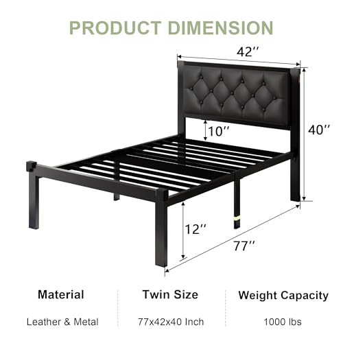 Feonase Twin Size Metal Bed Frame with Faux Leather Button Tufted Headboard, Heavy-Duty Platform Bed Frame with 12" Storage, Steel Slats Support, No Box Spring Needed, Noise Free, Matte Black - color: Matte Black, size: Twin