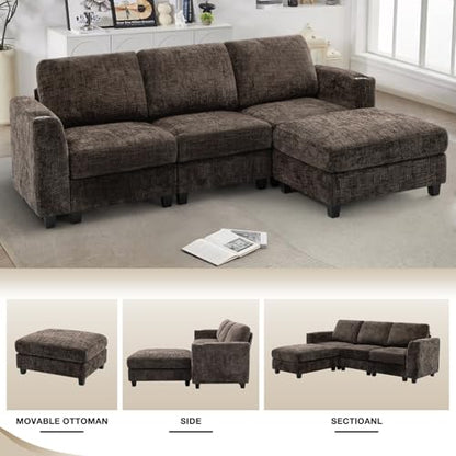 87" Chenille 3 Seater Couch with Soft Ottoman, Brown | L-Shape Sectional Sofa with Durable Cup Holders, Upholstered Sofa with Comfy Backrests for Living Room, House - color: Brown, size: 87" L-Shape