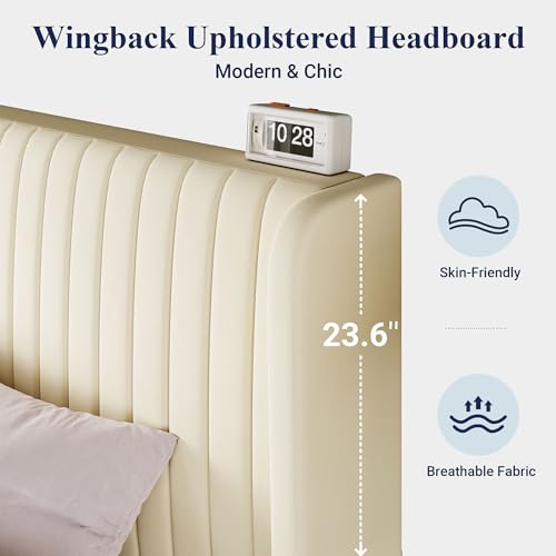 Allewie King Size Velvet Bed Frame/Vertical Channel Tufted Wingback Headboard/Upholstered Platform Bed/No Box Spring Needed/Strong Wooden Slats/Easy Assembly/Cream White - color: Cream White, size: King