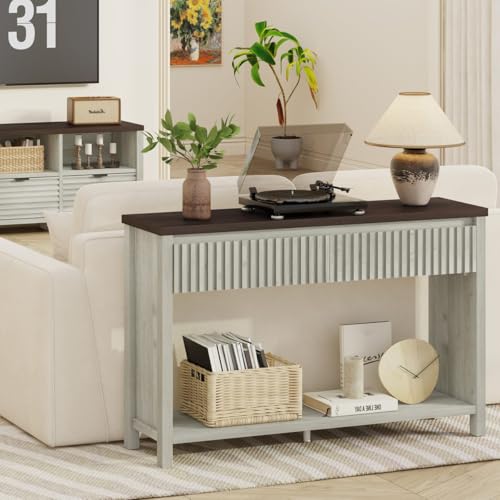 47In Entryway Table with Drawers, Sofa Tables with Storage | Console Tables for Entryway, Two-Tier Narrow Hallway Tables, Modern Fluted Panel, Walnut and Washed Grey Oak - color: Walnut and Washed Grey