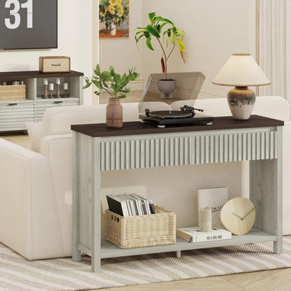 47In Entryway Table with Drawers, Sofa Tables with Storage | Console Tables for Entryway, Two-Tier Narrow Hallway Tables, Modern Fluted Panel, Walnut and Washed Grey Oak - color: Walnut and Washed Grey