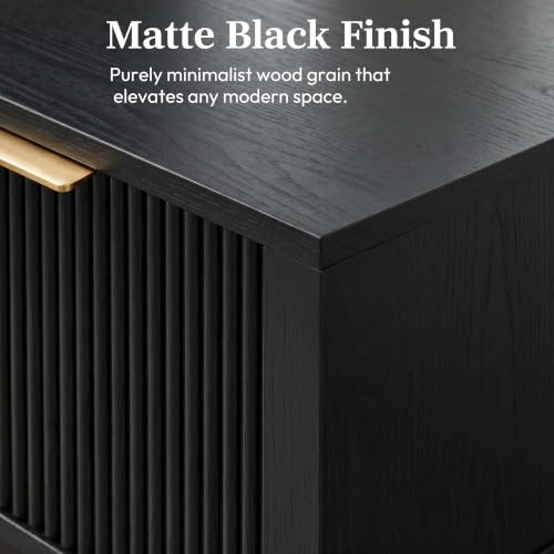 Black 15.4" Wide Small Nightstand with Drawer,Open Shelf,Fluted | Black wood-grain finish, fluted drawer front with gold handle, 11.8-inch slim depth, designer-inspired bedside storage - color: Black