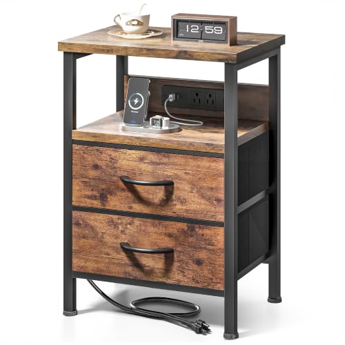 Lazzanto Night Stand with Charger Station for Bedroom, Brown Nightstand | Bedside Table, Open Shelf, 2 Fabric Drawers, Built in USB-A, USB-C Port & AC Outlets, For Dorm, Living Room, Bedroom - color: Rustic Brown, size: 2 Drawers