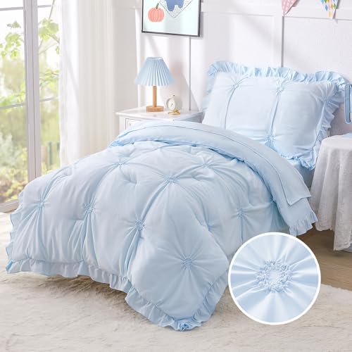 Princess Toddler Bedding Set for Girls, 4 Piece Ruffles Jacquard Embroidery Toddler Bed Sheets with Boho Toddler Comforter, Fitted Sheet, Flat Sheet and Pillowcase, Blue - color: Blue, size: Toddler