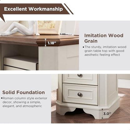 T4TREAM Farmhouse Nightstand with Charging Station, 18" End Table with 2 Drawers, Wood Side Table, Bedside Cabinet for Bedroom, Living Room (Antique White) - color: Antique White