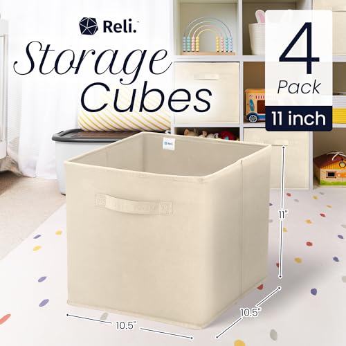 Reli. 11 Inch Cube Storage Bins (4 Pack) | Cube Organizer Bins | Collapsible, Foldable Fabric Cubby Box (Square) | 11x11 Fabric Storage Boxes | Kids Room Organization (Beige)