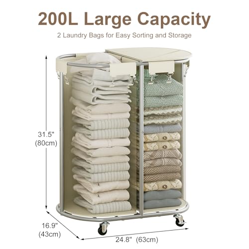 200L Double Laundry Hamper with Lid & Wheels, Oval Rolling Laundry Basket | Gasvadivum Sturdy Metal Large Laundry Cart with 2 Removable Bags, Dirty Clothes Hamper 2 section for Bathroom, Bedroom, Beige - color: Beige, size: 200L(24.8"L x 16.9"W x 31.5"H)