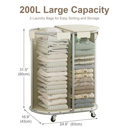 200L Double Laundry Hamper with Lid & Wheels, Oval Rolling Laundry Basket | Gasvadivum Sturdy Metal Large Laundry Cart with 2 Removable Bags, Dirty Clothes Hamper 2 section for Bathroom, Bedroom, Beige - color: Beige, size: 200L(24.8"L x 16.9"W x 31.5"H)