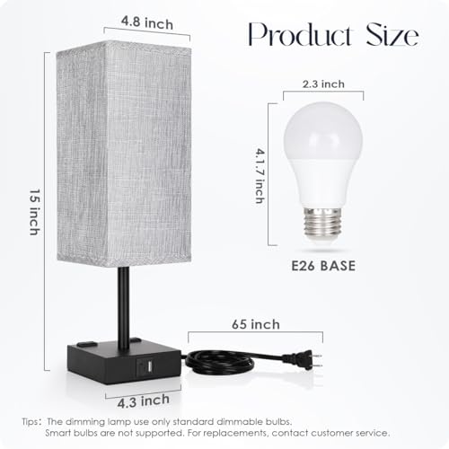 Bedside Table Lamps Set of 2 - Touch Nightstand Lamp for Bedroom with USB C+A Charging Ports & AC Outlets, 3-Way Dimmable Desk Lamp Grey Fabric Shade for Bedroom Living Room, Office(Bulb Included) - color: Gray