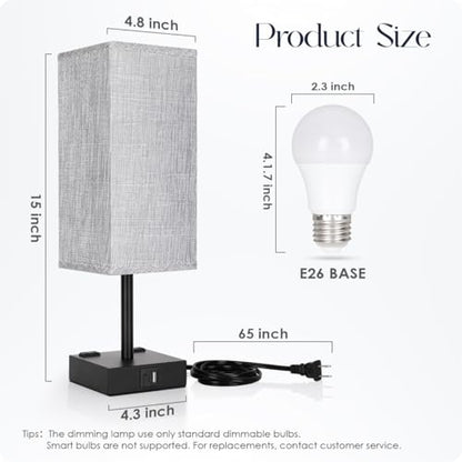 Bedside Table Lamps Set of 2 - Touch Nightstand Lamp for Bedroom with USB C+A Charging Ports & AC Outlets, 3-Way Dimmable Desk Lamp Grey Fabric Shade for Bedroom Living Room, Office(Bulb Included) - color: Gray