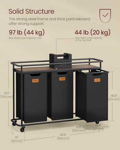 VASAGLE Laundry Sorter, Laundry Hamper with Wheels, 39.6 Gal. (150 L) Portable Rolling Cart Baskets with Shelf, 3 Removable Liners and 6 Labels, Ink Black and Chestnut Brown UBLH103BH01 - size: 3 Bags