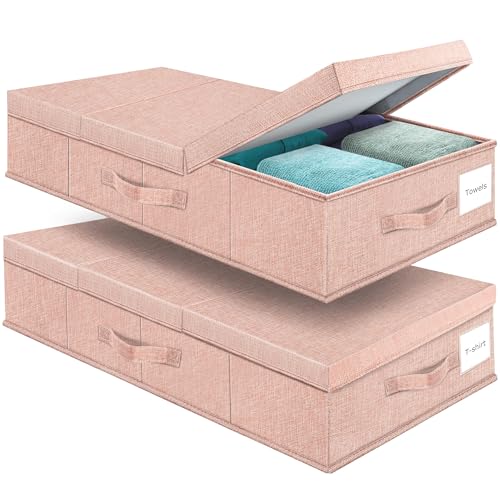 Supowin 2Pack Large Underbed Storage Containers Bin with Lids, Pink | 6 Inches Tall Under Bed Storage Organizer Box with Handles, Foldable Closet Organizer for Clothes, Blankets, Seasonal Items - color: D-Pink