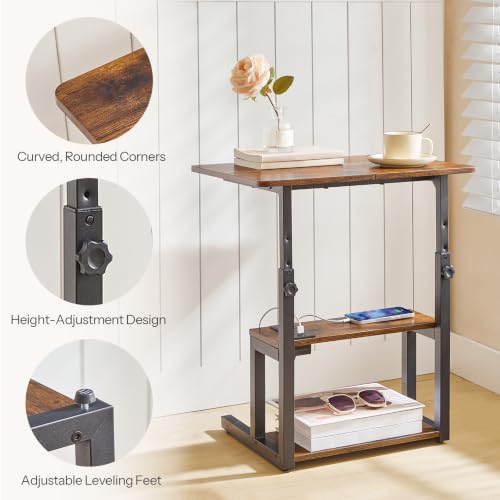HOOBRO C-Shaped End Table, Adjustable Height Side Table with Power Strip | Couch Table with 20.5"L x 15"W Spacious Desktop, TV Tray Table with Storage Shelves for Living Room, Sofa Chair, Rustic Brown - color: Rustic Brown + Black