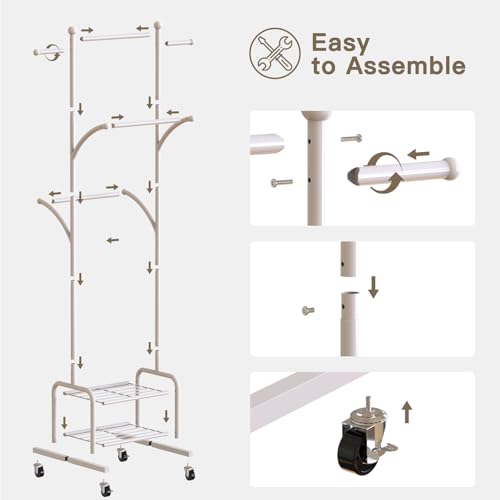 Rolling Clothes Rack with 2 Shelves, Small Metal Clothing Rack with Wheels | Gasvadivum 71" Tall Sturdy Garment Rack with 3 Hanging Rods, Freestanding Portable Coat Rack for Laundry Room, Bedroom, White - color: White