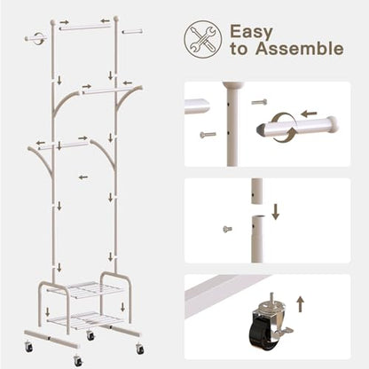 Rolling Clothes Rack with 2 Shelves, Small Metal Clothing Rack with Wheels | Gasvadivum 71" Tall Sturdy Garment Rack with 3 Hanging Rods, Freestanding Portable Coat Rack for Laundry Room, Bedroom, White - color: White
