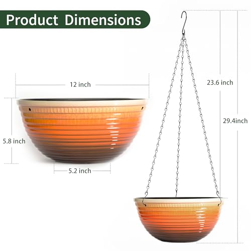 Vanslogreen 12 inch Hanging Planters for Indoor Outdoor Plants, 2 Pack Large Hanging Flower Pots with Drainage Holes and Chain, Glazed Hanging Baskets for Home Garden Decoration, Orange - color: Orange, size: 12inch
