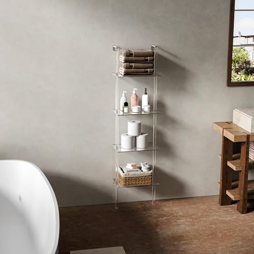 Small Acrylic Ladder Bookshelf, 9.5" D x 15.6" W, 4-Tier Clear Wall Mounted Book Shelf for Small Spaces, Multipurpose Bookcase for Living Room, Bathroom, Office, Modern, 59" H - size: 4-Tier