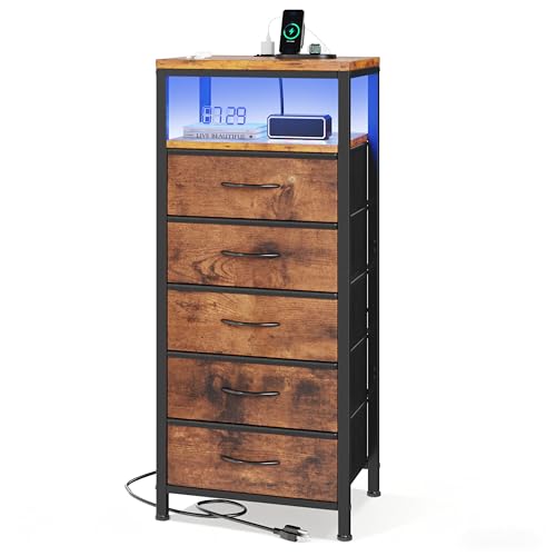 OLIXIS Nightstand with Charging Station, 5 Fabric Drawers Bedside Table | Night Stand with USB Type-C Ports, AC Outlets, Dimmable LED Light, Tall Narrow End Table for Small Bedroom, Rustic Brown - color: Rustic Brown, size: 15.7"Dx11.8"Wx39.4"H(5-Drawer)