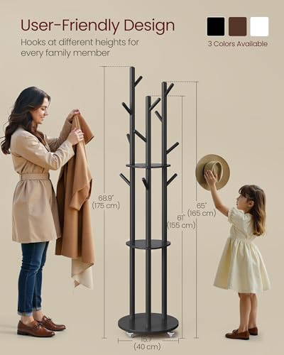 VASAGLE Freestanding Coat Rack Stand, Coat Tree with 11 Hooks, 3 Shelves, 4 Removable 360° Swivel Wheels, Wooden Hooks and Poles, for Entryway, Bedroom, Living Room, Ink Black URCR023B01 - color: Ink Black