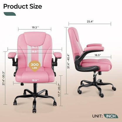 Ergonomic Office Chair, Mid Back Executive PU Leather Desk Chair with 3.5" Dual-Layer Cushion, Flip-up Armrests, Swivel Rolling Wheels, Adjustable Height, Pink - color: Pink
