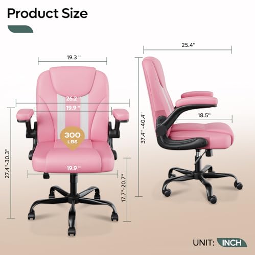 Ergonomic Office Chair, Mid Back Executive PU Leather Desk Chair with 3.5" Dual-Layer Cushion, Flip-up Armrests, Swivel Rolling Wheels, Adjustable Height, Pink - color: Pink