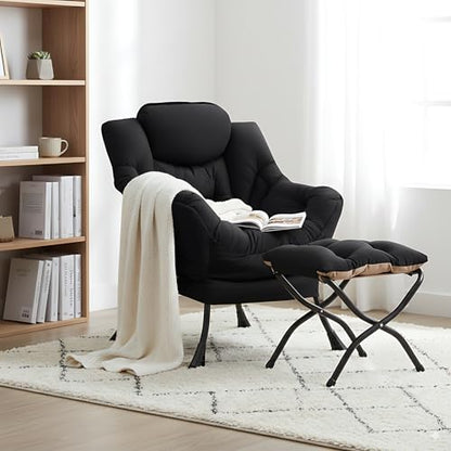 Lazy Chair with Ottoman, Comfy Accent Reading Chair, Black | Foldable Footrest,Removable Cover,with Armrests and Side Pockets,Upholstered Lounge Chair for Bedroom,Dorm,Office,Small Space - color: Black