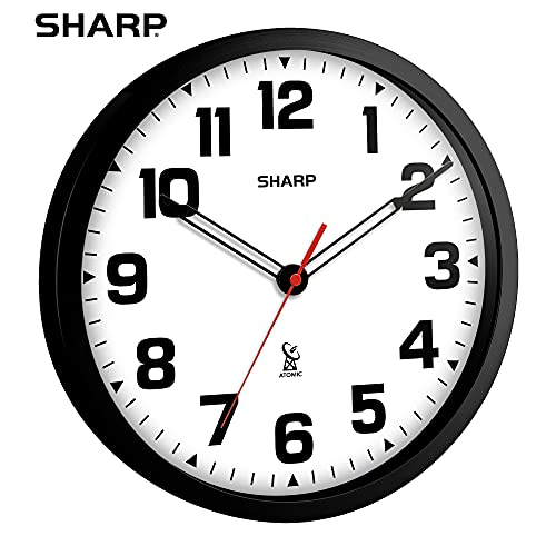Sharp 12-Inch Atomic Wall Clock, Battery Operated, White with Black Frame | Self-setting atomic time; Easy-read analog face; Automatic time adjustment; Simple setup; Versatile home or office style - color: Black / White, size: Large