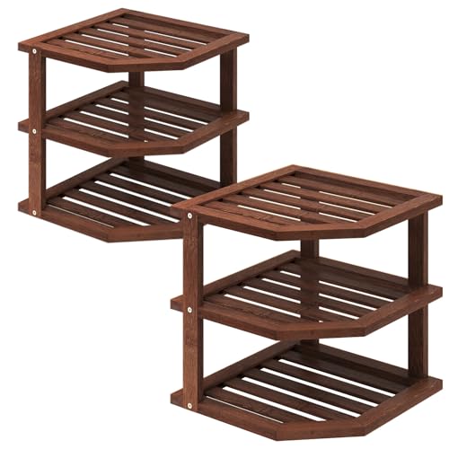 VERTORGAN 3 Tier Bamboo Dish Drying Rack,Corner Shelf 2 Pack(Brown) | Pantry Storage,Dish Rack,Spice Rack,Corner Organizer,Kitchen Counter Shelves,Kitchen Storage,Holds Plates - color: Brown, size: 2 PC