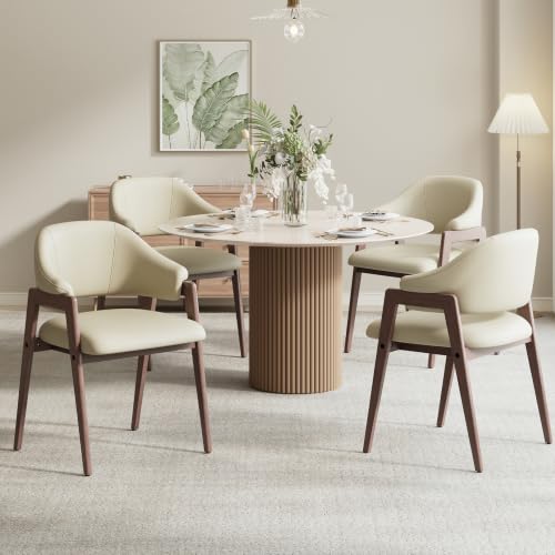 MALOL Wooden Dining Chairs Set of 4, Faux Leather, Curved Open Back, Khaki - color: Khaki, size: Set of 4