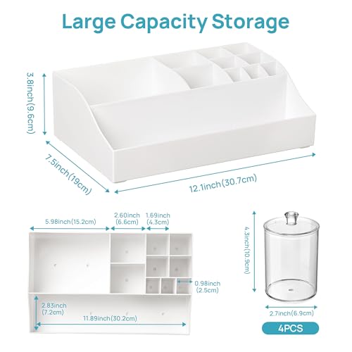 Vtopmart 5 PCS Bathroom Countertop Organizer Sets, White | 1 Divided Tray with 4 Qtip Holder Jars, For Toothbrush, Cotton Pads Balls, Floss, For Bathroom Countertop - color: White
