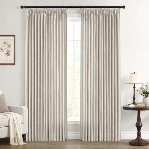 108 Inch Linen Pleated Curtains 2 Panels Set for Living Room Bedroom 2 Panels Rustic Farmhouse Back Tab Memory Trained Pinch Pleat Window Curtain Oatmeal Taupe Tan 108 Inch Length for Dining Room - color: Oatmeal, size: 40"W x 108"L (Pack of 2)