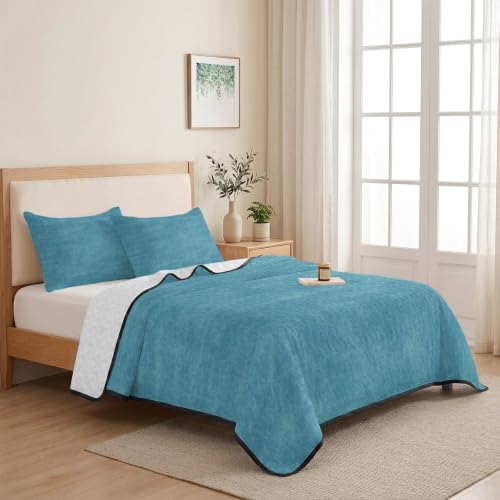 Minimalist Teal Blue 3 Piece Quilt Set Twin XL Size, Vintage Art Distressed Pattern Farmhouse Soft Bedspread Coverlet Bedding Set Microfiber Lightweight Comforter Set with 2 Pillowcases for Bedroom - size: Twin XL