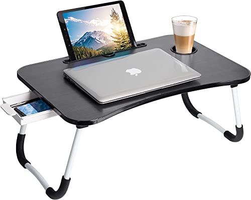 Laptop Desk Foldable Bed Table, Portable Lap Desk Laptop Bed Tray Table with Storage Drawer and Cup Holder, Lap TraysTables Notebook Stand Reading Desks Breakfast Tray for Beds Couch Sofa Floor - color: Black