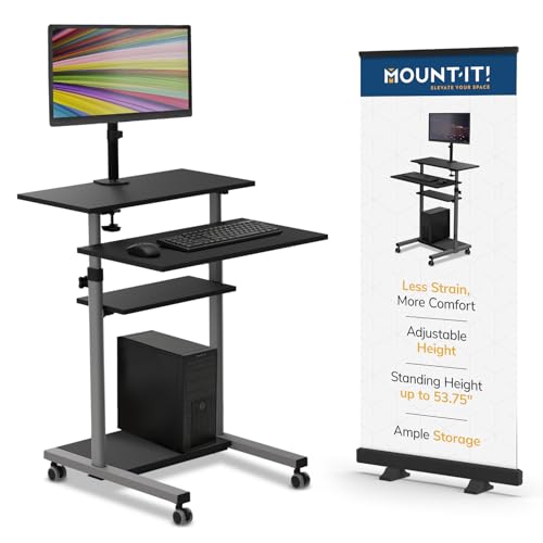 Mount-It! Mobile Computer Cart with Monitor Mount for Screen up to 32", Portable Desk on Wheels, Rolling Laptop Stand Teachers, Office, Classroom, Rise up to 53", Projector, Podium, Keyboard Tray - color: Silver