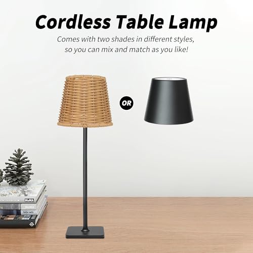 Mr. White Outdoor Waterproof Cordless Wireless Rechargeable Portable Top Touch Battery Operated Powered LED Table Lamp Desk Lamp Lights for Restaurant Kitchen Patio Dinner Dining (Black) - color: Black+Wicker Lampshade