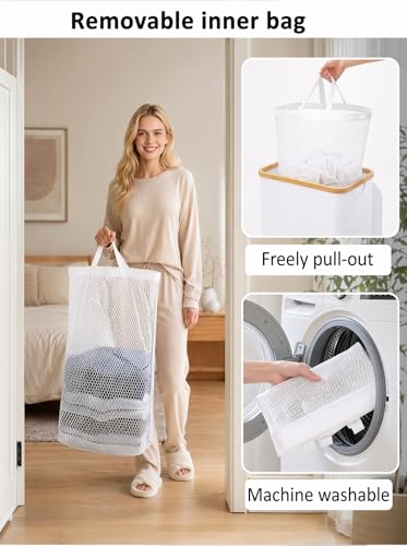 IEGrow Laundry Hamper with Lid,110L Laundry Basket with Mesh Bags,White | Dirty Clothes Hamper Basket with Bamboo Handle for Clothes Towels - color: White, size: 110L