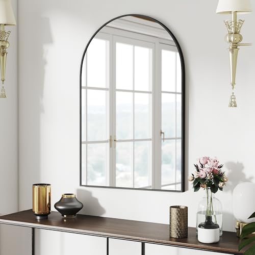 SCWF-GZ 36x24 Arch Mirror Rectangle Full Length Wall Mounted Hanging or Against Wall Metal Aluminium Alloy Frame Dressing Make-up Mirrors for Entryway Bedroom Bathroom Living Room 36 24 inch Black | HD Crystal Clear No distortion Tempered Glass,Make-Up Va