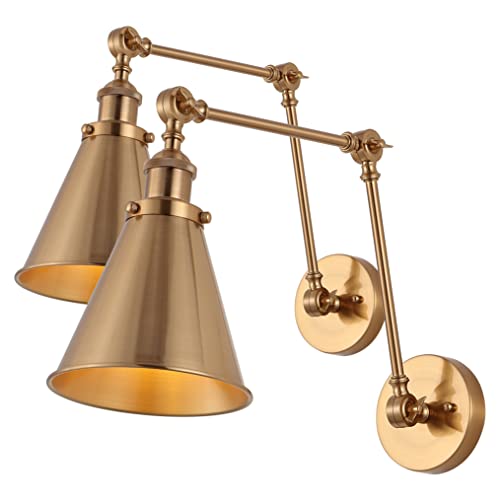 JONATHAN Y Rover 1-Light Wall Sconce 7", Brass Gold, Set of 2 | Adjustable Arm, Hardwired Bedside Reading Swing Arm, Farmhouse Cone Shade, Metal Hardwired Indoor Fixture, LED Bulbs Included - color: Brass Gold, size: Set of 2