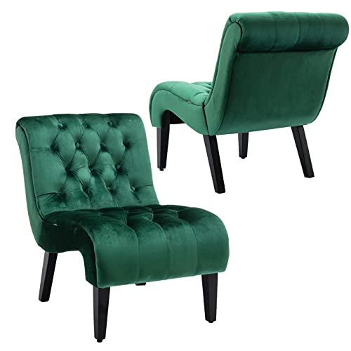 Green Velvet Armless Accent Chair Set of 2, Upholstered with Tufted Back and Rolled Edge Design, Comfy Reading Chair with Solid Wooden Legs, Easy Assembly | Modern Small Lounger for Living Room, Upholstered Reading Chaise Lounge with Solid Rubber Wood Leg