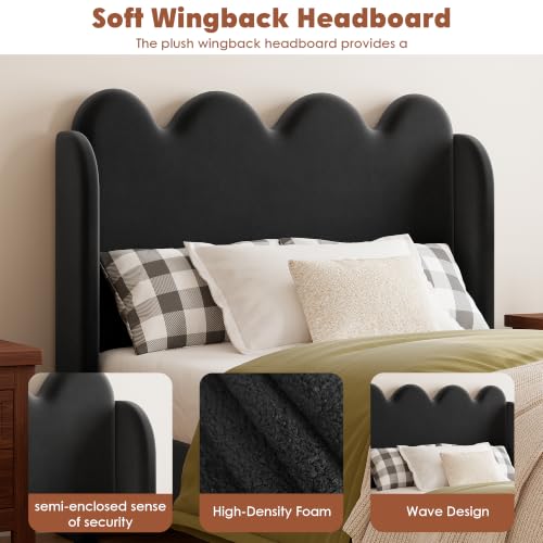 Garvee Twin Bed Frame for Kids, Upholstered Scalloped Wave Tall Headboard, Chenille Wingback Design, Wood Slat Support, No Box Spring Needed, Easy Assembly, Black | Upholstered Scalloped Wave Tall Headboard, Wood Slat Support, No Box Spring Needed, Easy A
