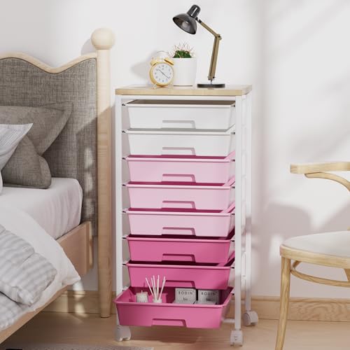 Rolling Cart with 8 Drawers, Storage Drawers Cart with Wooden Tabletop and Lockable Wheels, Craft Storage for Living Room, Office, Classroom, Craft Room, Bedroom - color: Pink