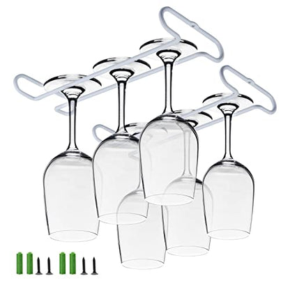 set 2 White Wine Glass Rack Under Cabinet Shelf 10 Inch Stemware Storage Hanging Hanger Organizer Glasses Holder with Drying Under Counter Metal for Kitchen and Bar - size: Set of 2 white, style: Double Opening