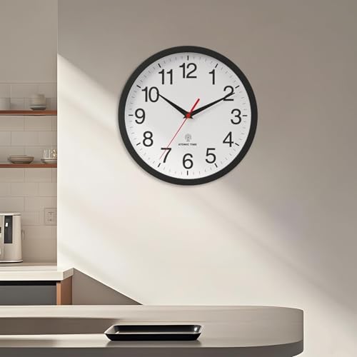Wall Clock Analog 12 Inch Atomic Battery Operated Silent Clock | Black, Easy To Read, Non Ticking, Round, Accurate, Kitchen, Living Room, Classroom, Office, School - color: Atomic_black, size: 12 Inch