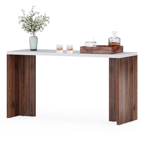 LITTLE TREE Home Bar Table, 55-Inch Long Counter Height Pub Table with a Faux Marble Finished Tabletop, Narrow Rectangular Indoor Bar Unit for Home, Kitchen, White & Walnut