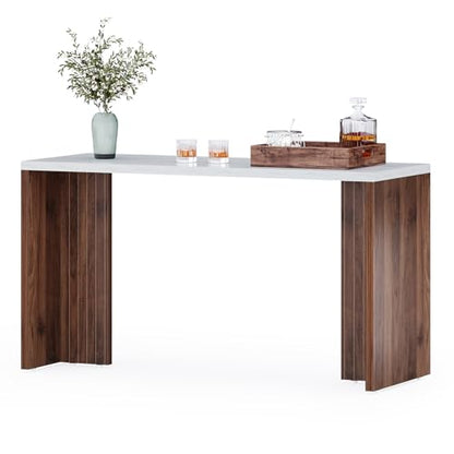 LITTLE TREE Home Bar Table, 55-Inch Long Counter Height Pub Table with a Faux Marble Finished Tabletop, Narrow Rectangular Indoor Bar Unit for Home, Kitchen, White & Walnut