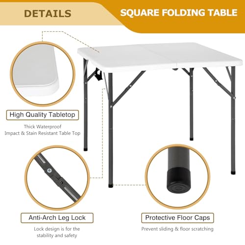 34" Folding Card Table, Heavy Duty Plastic Square Table - Portable Fold-in-Half w/Handle & Lock for Camping, BBQ, Party, Events - size: 34‘’ Square