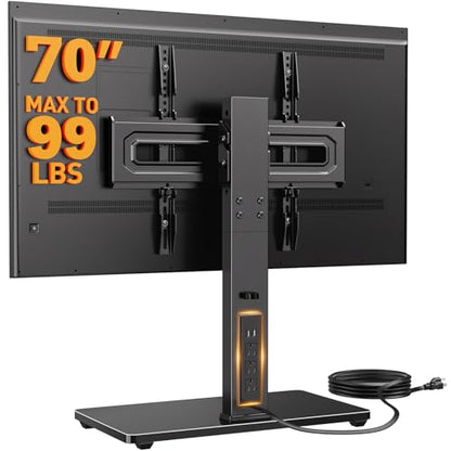 Perlegear Swivel TV Stand with Power Outlet for 32–72 inch TVs up to 99 lbs | Stable Tempered Glass Base, Universal TV Stand Base with Tilt, 9 height adjustments,cable management, max VESA 600x400mm - size: 32-72 Inch