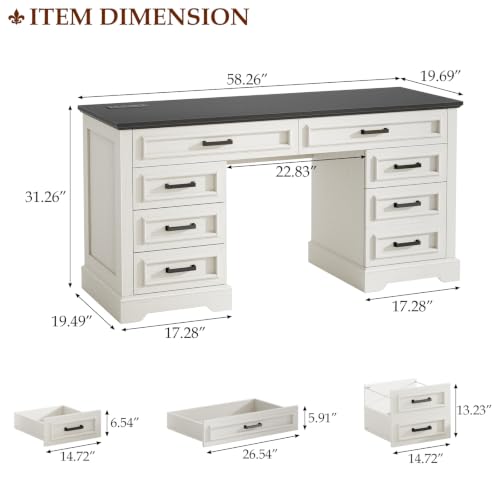 Vabches Farmhouse Executive Desk with Charging Station, White and Brown | 55'' Large Wooden Computer Desk with 7 Drawers, Workstation Computer Desk with File Cabinet for Home Office and Study - color: Rustic White and Rustic Black