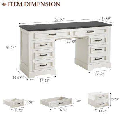 Vabches Farmhouse Executive Desk with Charging Station, White and Brown | 55'' Large Wooden Computer Desk with 7 Drawers, Workstation Computer Desk with File Cabinet for Home Office and Study - color: Rustic White and Rustic Black