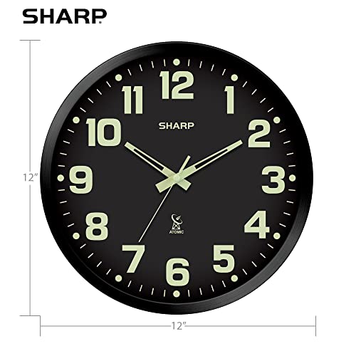 Sharp 12-Inch Atomic Wall Clock, Battery Operated, Glow in Dark | Self-setting atomic time; Easy-read analog face; Automatic time adjustment; Simple setup; Versatile home or office style - color: Black/Glow in Dark, size: Large